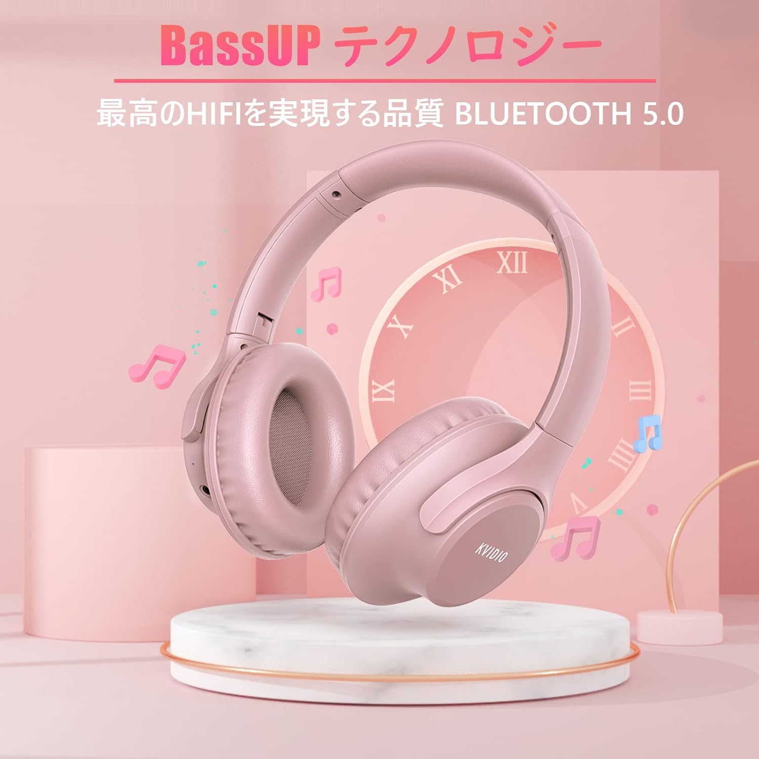 KVIDIO Wireless Headphones, Bluetooth 6.0, 65 Hours Playback, 1.6 inches (40 mm), HD Driver Unit, Over-Ear Headphones, Built-in Mic, Headphones, Wired Wireless, Dual Use, Noise Isolation, Sealed Type, Hands-free Calling, Bluetooth Headphones, Black (Pink)