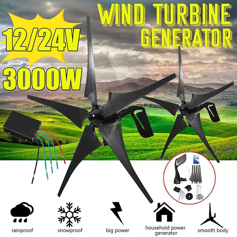 風力タービン、風力発電機 5枚羽根 風力タービン ジェネレーター 風車 エネルギー タービン 充電コントローラー付き、24V (12V)