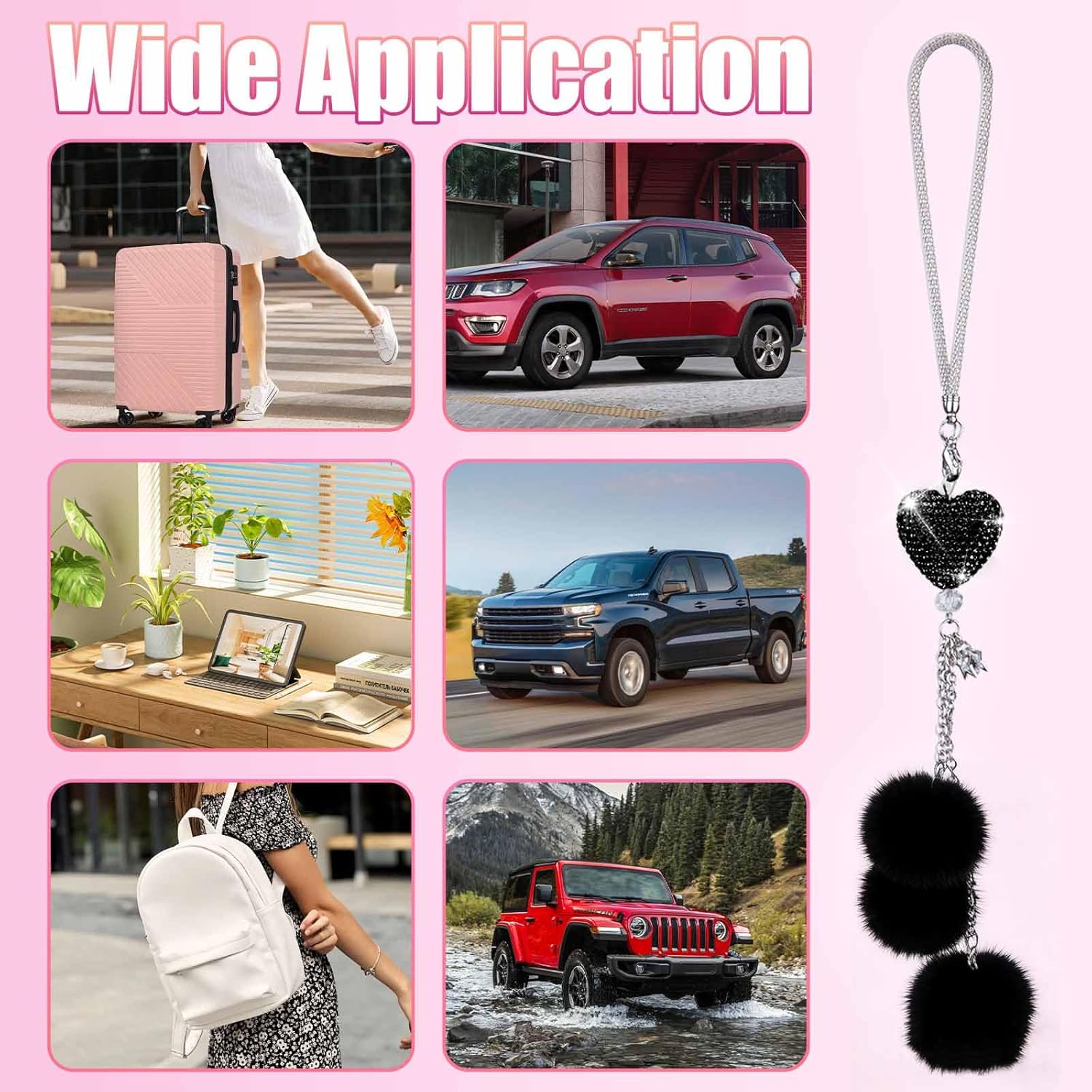 Adorno brillante para colgar en el automóvil, accesorios de espejo de automóvil para mujer, corazón de diamante y bola de felpa mullida, accesorios de automóvil para colgar, colgante para espejo