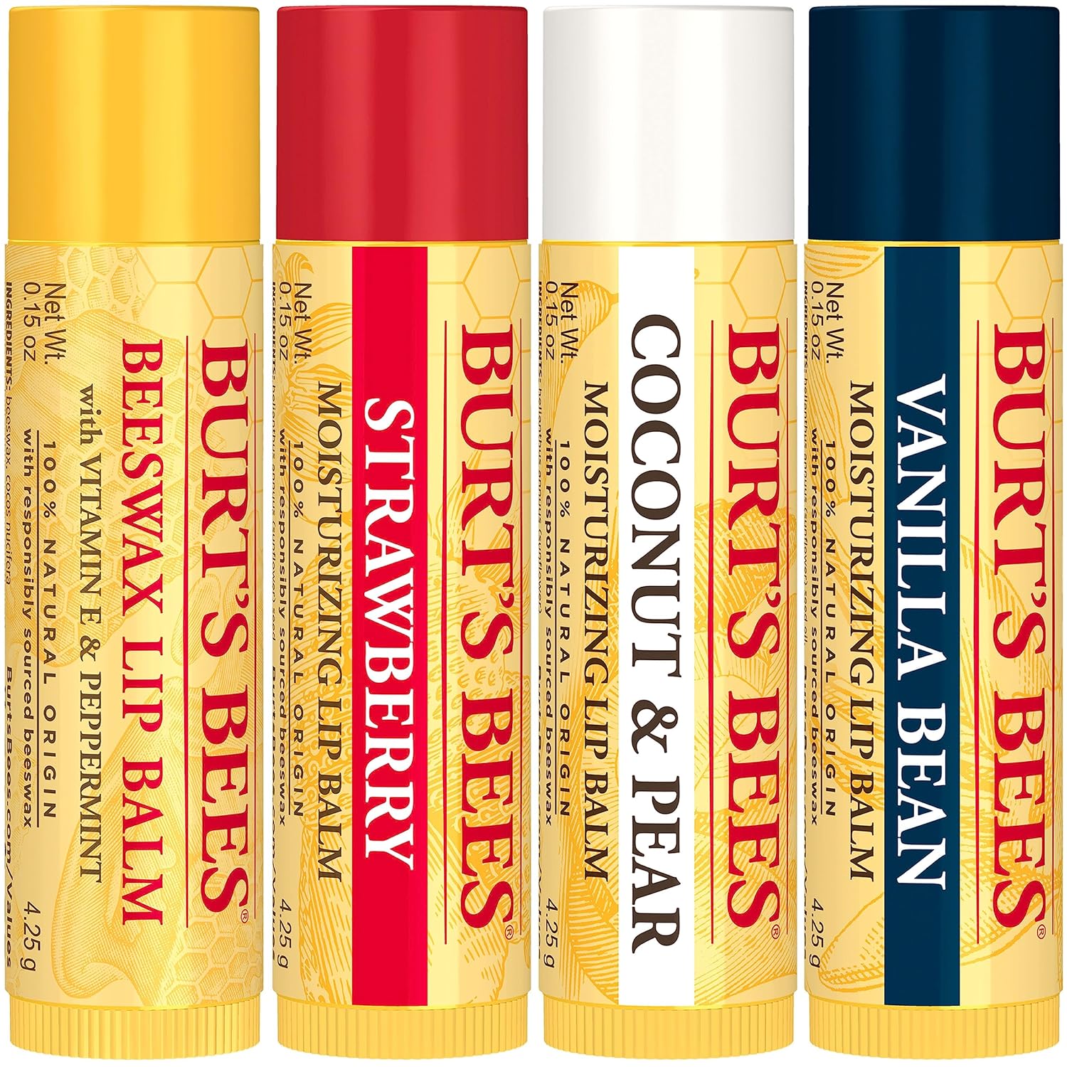 Burt's Bees Lip Balm, Beeswax, Strawberry, Coconut and Pear, and Vanilla Bean Pack, With Responsibly Sourced Beeswax, Tint-Free, Natural Lip Treatment, 0.15 oz., Four Tubes