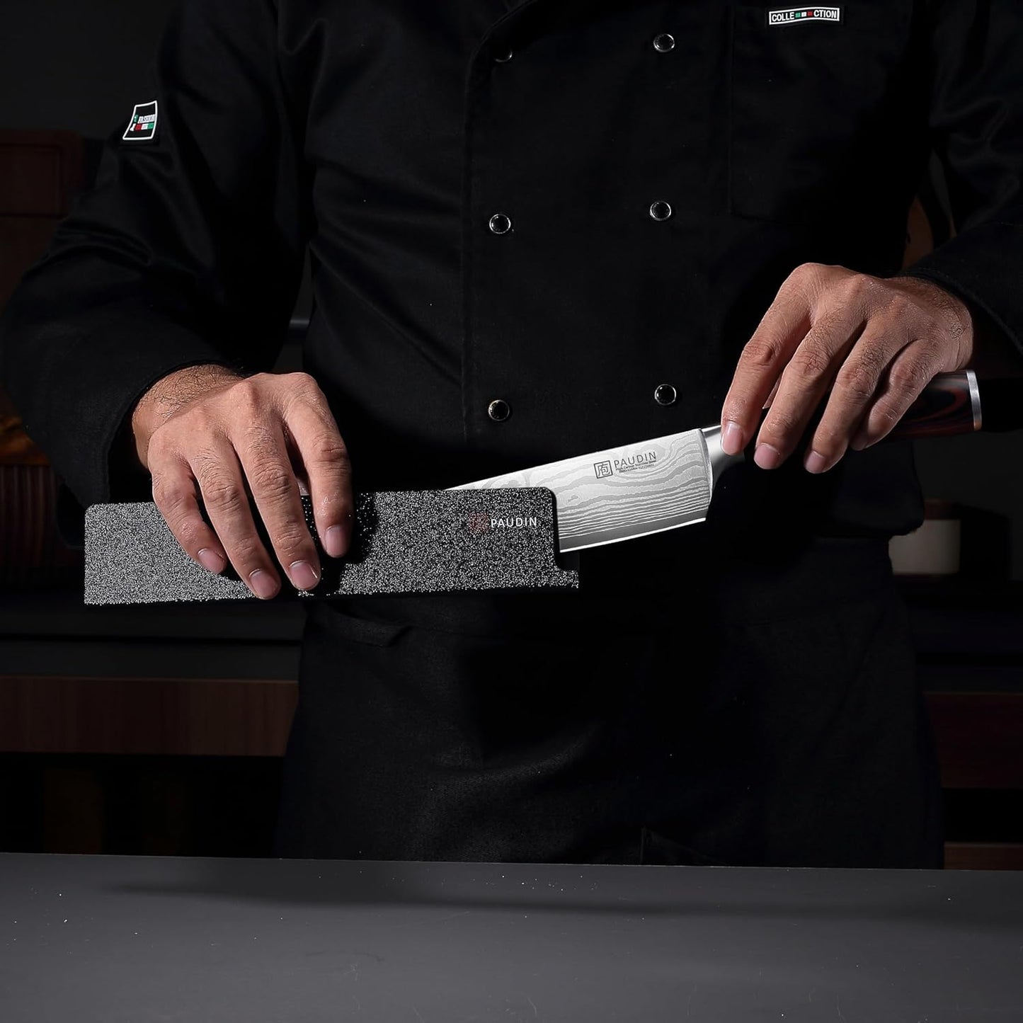 PAUDIN (PAUDIN) Vegetable Cutting Knife 6.5 inches with Sheath, Cuts Hard Vegetables, Sharp Knife, Meat Cutting, Vegetable Knife, Damascus Pattern, Double Edge, Left-Handed Compatible, High Carbon