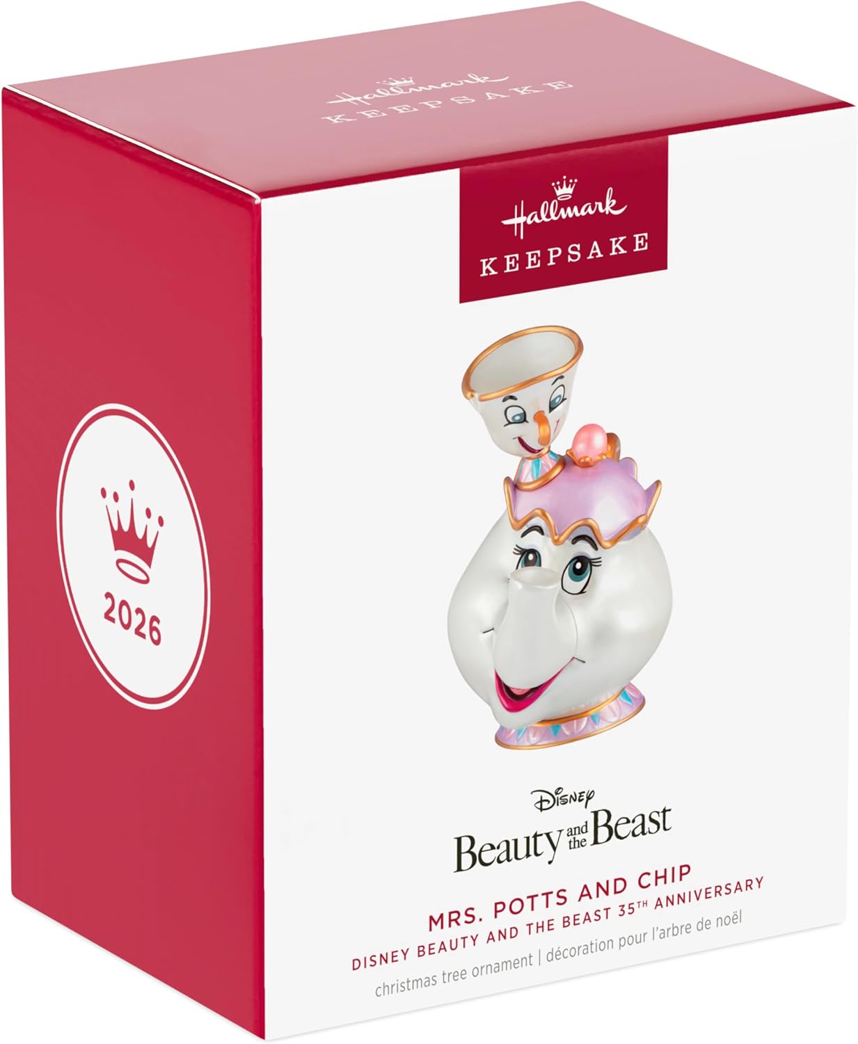 Hallmark Keepsake Adorno de Navidad 2026, La Bella y la Bestia de Disney, 35 aniversario, Mrs. Potts y Chip, regalos para fanáticos de Disney