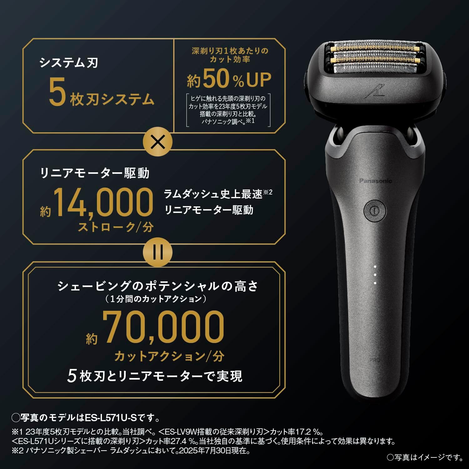 Panasonic Men's Shaver Lamdash PRO 5-Blade Electric Beard Shaver Lamdash AI+ AC Adapter Charging ES-L551D-K Matte Black