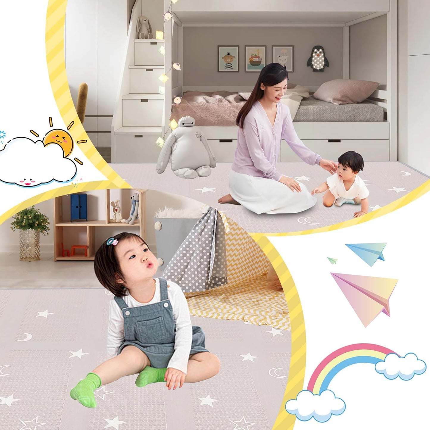 Artake Baby Play Mat, Easy to Store, Joint Mat, Thick, Foldable, Waterproof, Soundproof Mat, Baby Mat, Nap Mat, Moon Stars, 79 x 71 x 0.8 inches (200 x 180 x 2 cm)