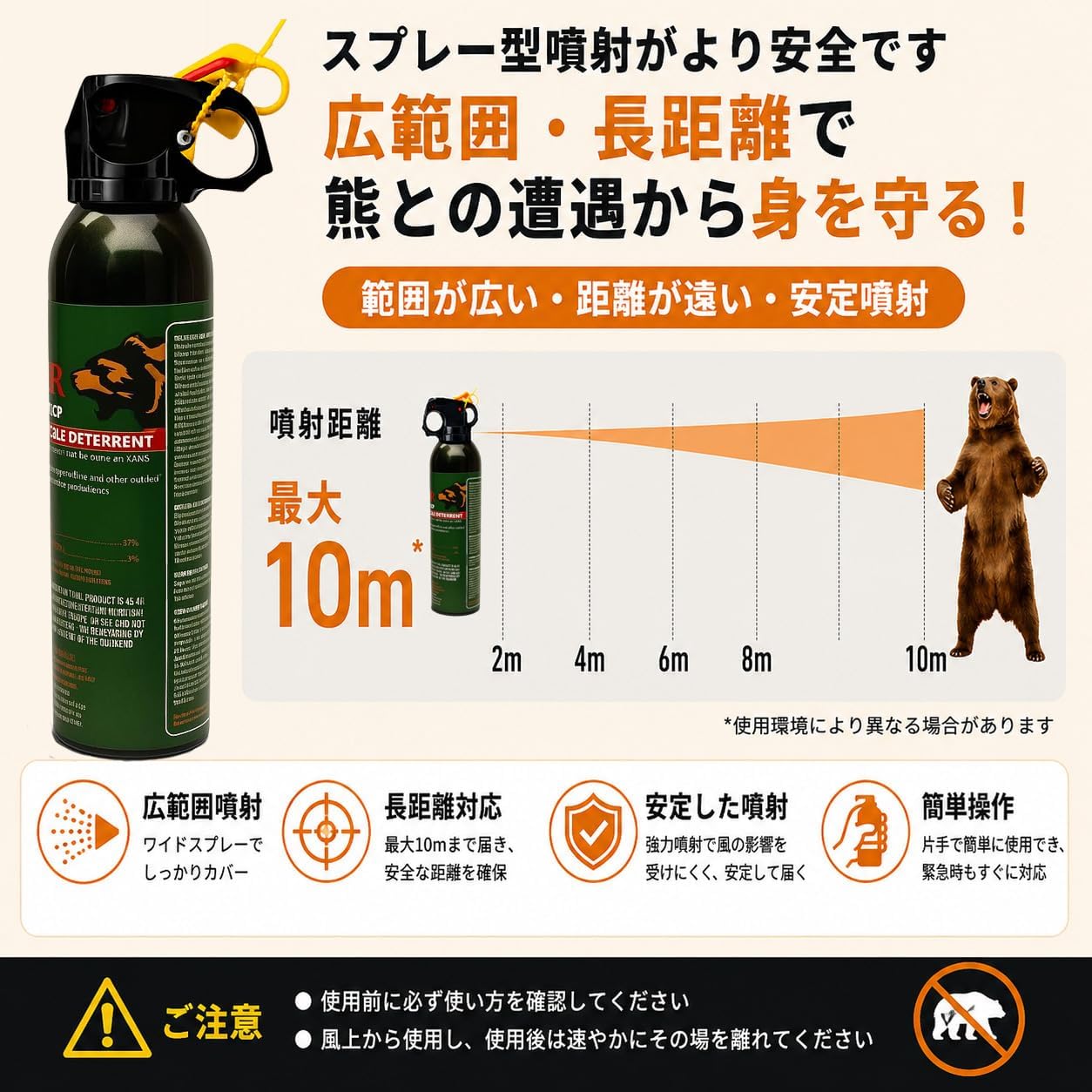 熊撃退スプレー 大容量270ml 熊よけスプレー 最大噴射距離約8〜10m 約30秒連続噴射 ヒグマ・ツキノワグマ対策 有効期限5年