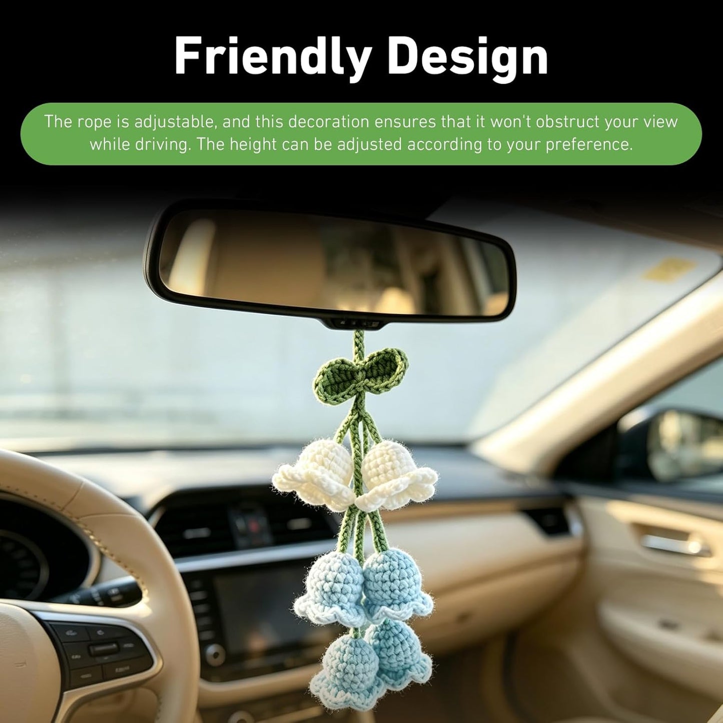 Car Mirror Lily Flower Hanging Ornament, Handmade Knitted Sweet Flower Design Rear View Mirror Pendant, Gradient Auto Interior Rearview Decor, Universal for Most Cars, SUVs, Trucks (Blue)