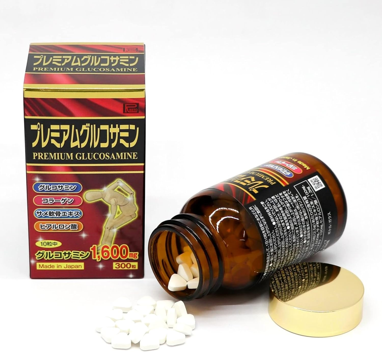 Ribeto Corporation Premium Glucosamine, 300 Capsules, 30 Day Supply, Collagen, Hyaluronic Acid, Shark Cartilage, With Pill Case