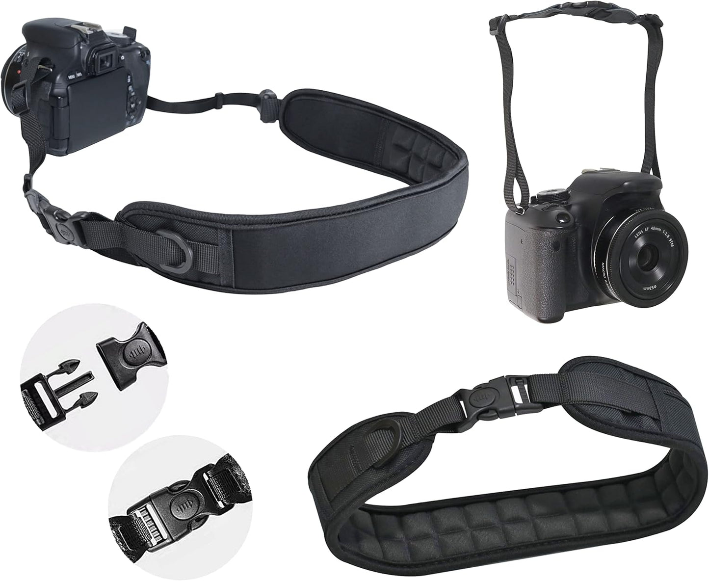 [La Tonsai] Camera Neck Strap, Elastic Air Cushion, Shoulder Strap, Shoulder Strap, Shoulder Pad, Quick Shooting, Tripod, Attachable, Removable, Buckle, Quick Release, Breakaway (BLACK), Black