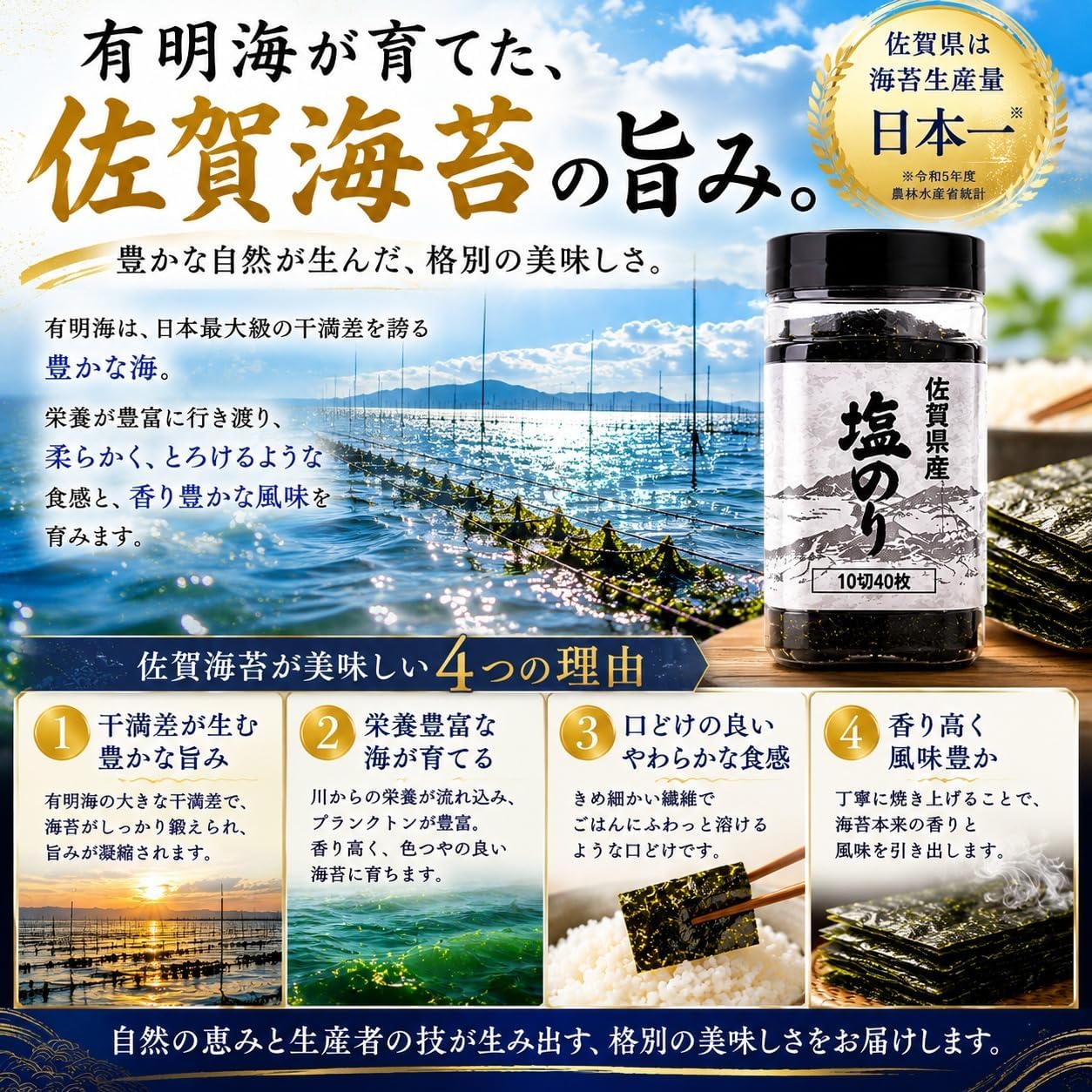 Sesame Oil Scented Saga Norweed, Salt Glue, Tabletop Bottle, Set of 6, Produced in Ariaki Sea, Domestic, 10 Pieces, 40 Sheets x 6, Premium Gift Box, Snacks, Rice Companion, Year's Day Festivals