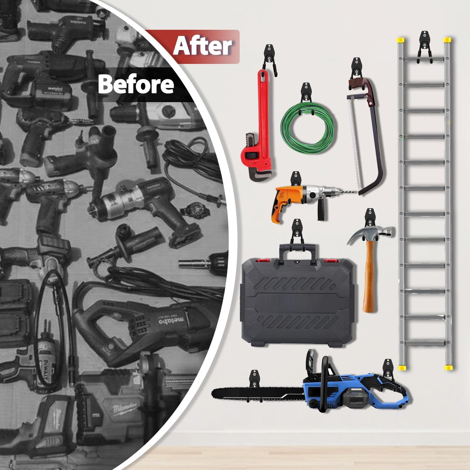 Garage Hooks Large Tool Hooks Garage Storage Set of 16 Wall-mounted Tools with 3 Welding Points for Extra Strength and Durability, Increased Load Capacity by 5kg (with Storage Belt and Bicycle