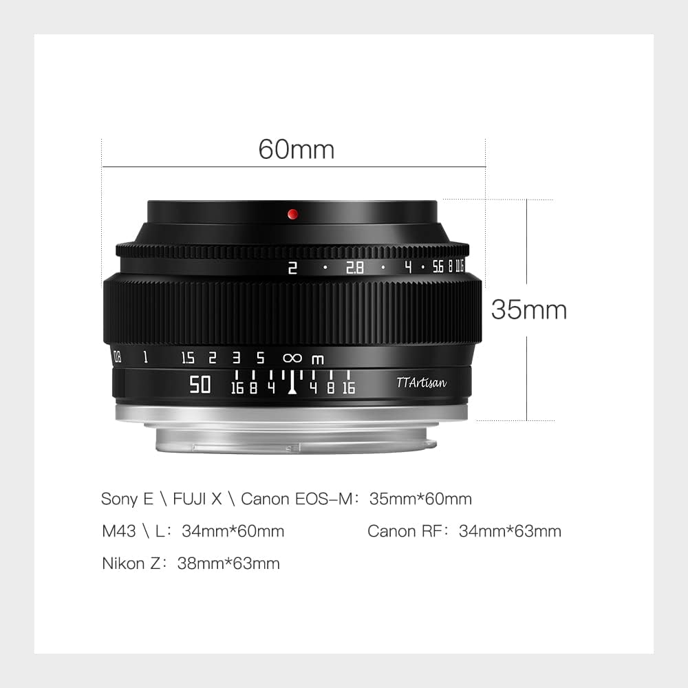 TTArtisan 50mm f2 Full Frame Manual Focus Fixed Camera Lens for Canon EOS-M Mount M1 M2 M3 M5 M6 M6II M10 M100 M50 M50II M200 Black