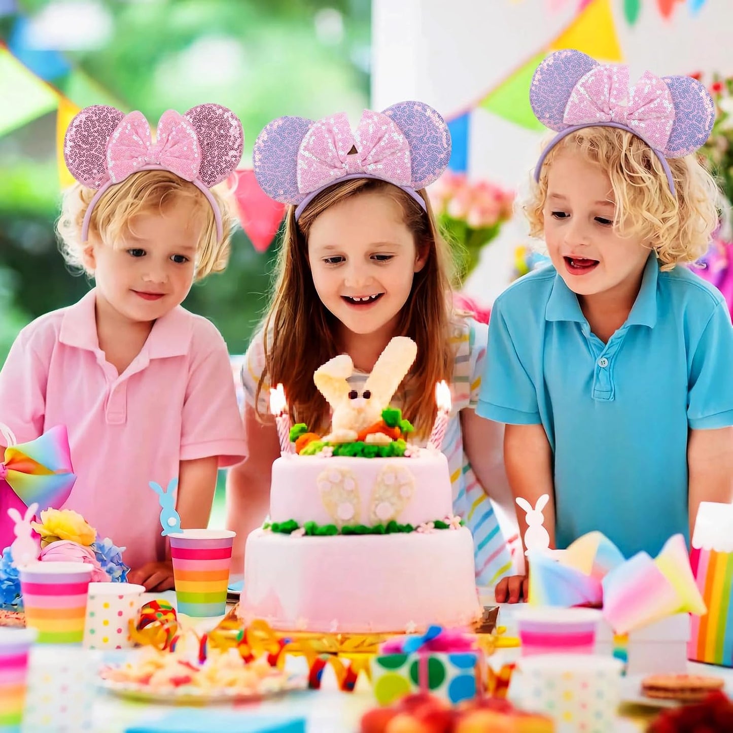 Paquete de 2 diademas de orejas de ratón rosa y morado para mujeres y niñas, diadema de lazo de lentejuelas para cosplay, disfraz de cumpleaños, decoración de fiesta de cumpleaños, accesorios para el cabello