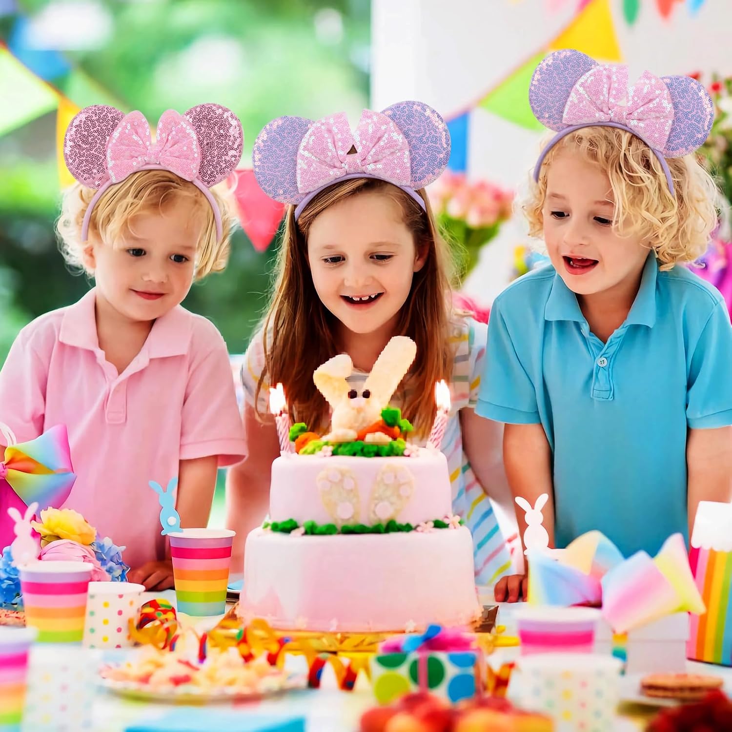 Paquete de 2 diademas de orejas de ratón rosa y morado para mujeres y niñas, diadema de lazo de lentejuelas para cosplay, disfraz de cumpleaños, decoración de fiesta de cumpleaños, accesorios para el cabello