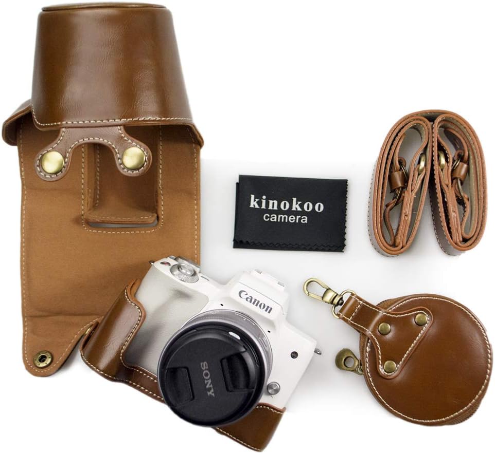 kinokoo Camera Bag for Canon EOS Kiss M/EOS Kiss M2/EOS M50/EOS M50 Mark 2 Camera Bag for 15-45mm Lens Replacement Battery Tripod Screw Hole PU Leather Full Protection with Shoulder Strap (Brown)