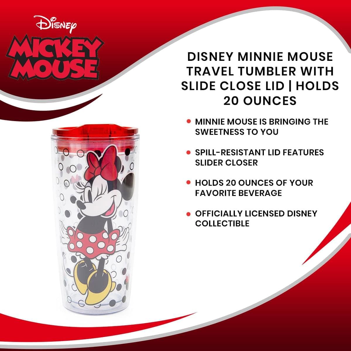 Disney Minnie Mouse - Vaso de viaje acrílico con tapa de cierre deslizante | Taza fría alta de carnaval para bebidas, jugo, limonada | Esenciales para el hogar y la cocina, bonitos regalos y coleccionables | Capacidad para 20 onzas