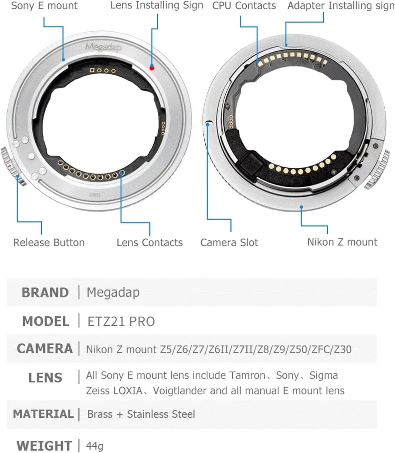 Megadap ETZ21 Pro FE Mount Lens to Z Mount Conversion Lens Adapter Tamron Sigma FE Mount Lens to Z Mount ZFC Z8 Z5 Z50 Z6 Z7 Z6II Z7II Z9 Fast Auto Focus