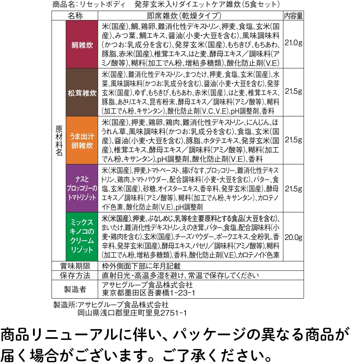 スリムアップスリム リセットボディ 発芽玄米入りダイエットケア雑炊 5食 アサヒ 食物繊維 フリーズドライ