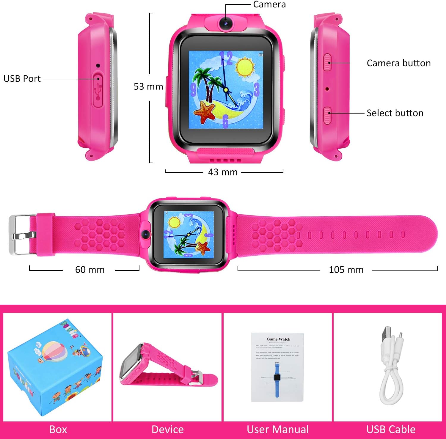 Children's Watch, Game Smart Watch, Multifunction Clock, Theme Calendar, Stopwatch, Photo Timer, Clock 3-12 Years Old, Toy, Boys and Girls, School Celebration, Birthday Gift (Pink) (red)