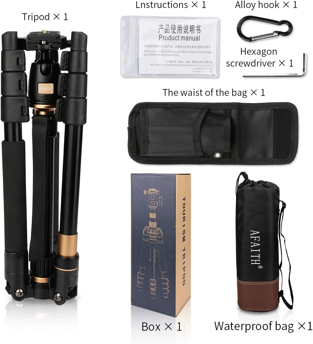 AFAITH Camera Tripod, Travel Tripod, 360 Degree Ball Head Monopod, Adjustable Monopod, 4 Tiers, Height 54.4 inches (139 cm), Length 14.4 inches (36.5 cm), Leg Diameter 9.4 inches (24 mm), Reverse