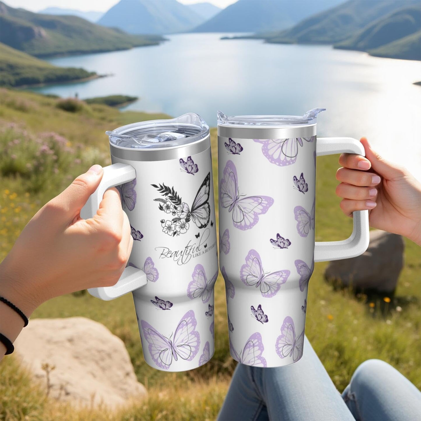 Vaso de mariposa con asa y pajita, botella de agua de viaje de 30 onzas con tapa, taza aislada de acero inoxidable, regalos de cumpleaños para mujeres amantes de los animales