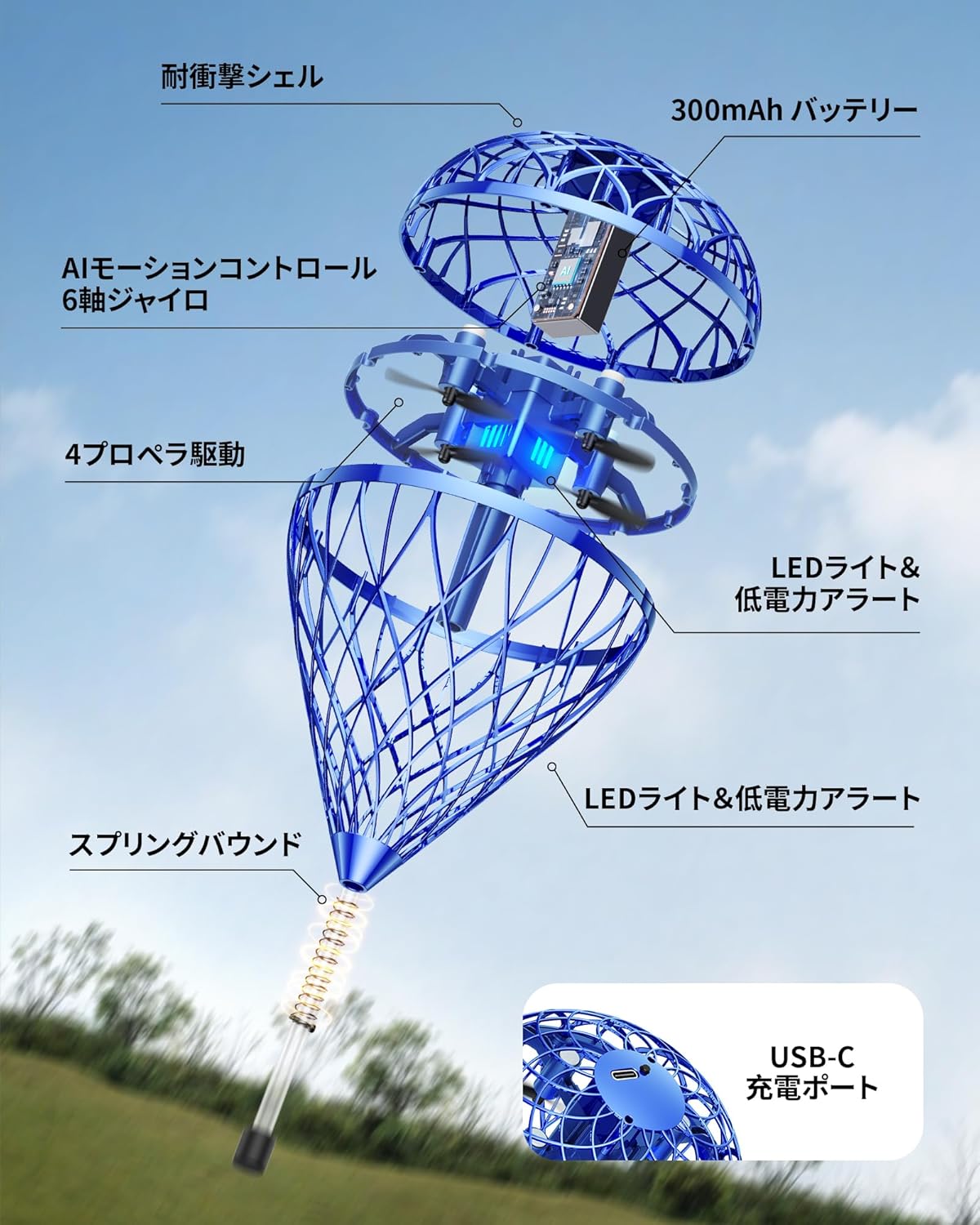 Gimama Magic Flying Ball Pro "Floats, Bounces, Playable with Hands and Feet Latest Model Toy" Flying Ball Educational Toy with LED Light Drone Toy for Children Christmas Gift Popular Gift (Blue)
