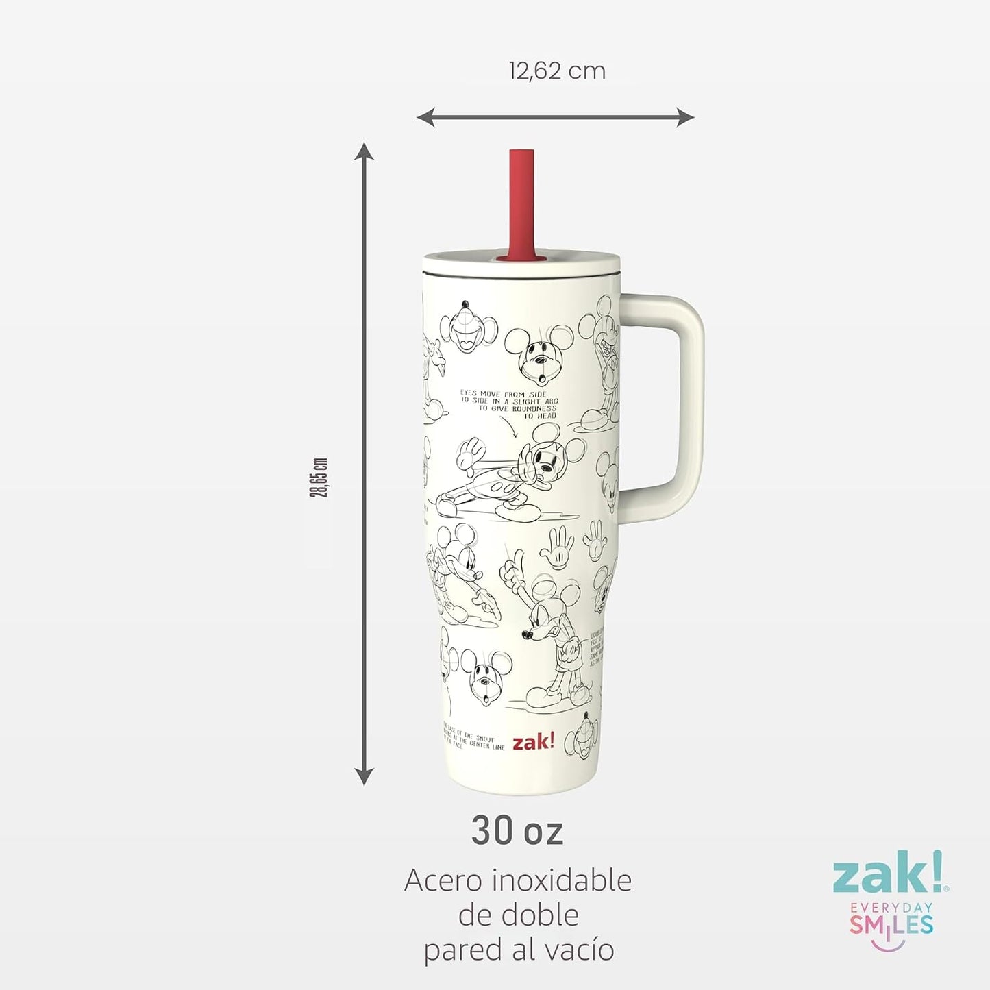 Zak Designs Disney Sutton Taza de viaje para llevar contigo, de 30 onzas, de acero inoxidable con aislamiento al vacío, con popote de silicona y asa para bebidas frías (dibujo de Mickey Mouse)