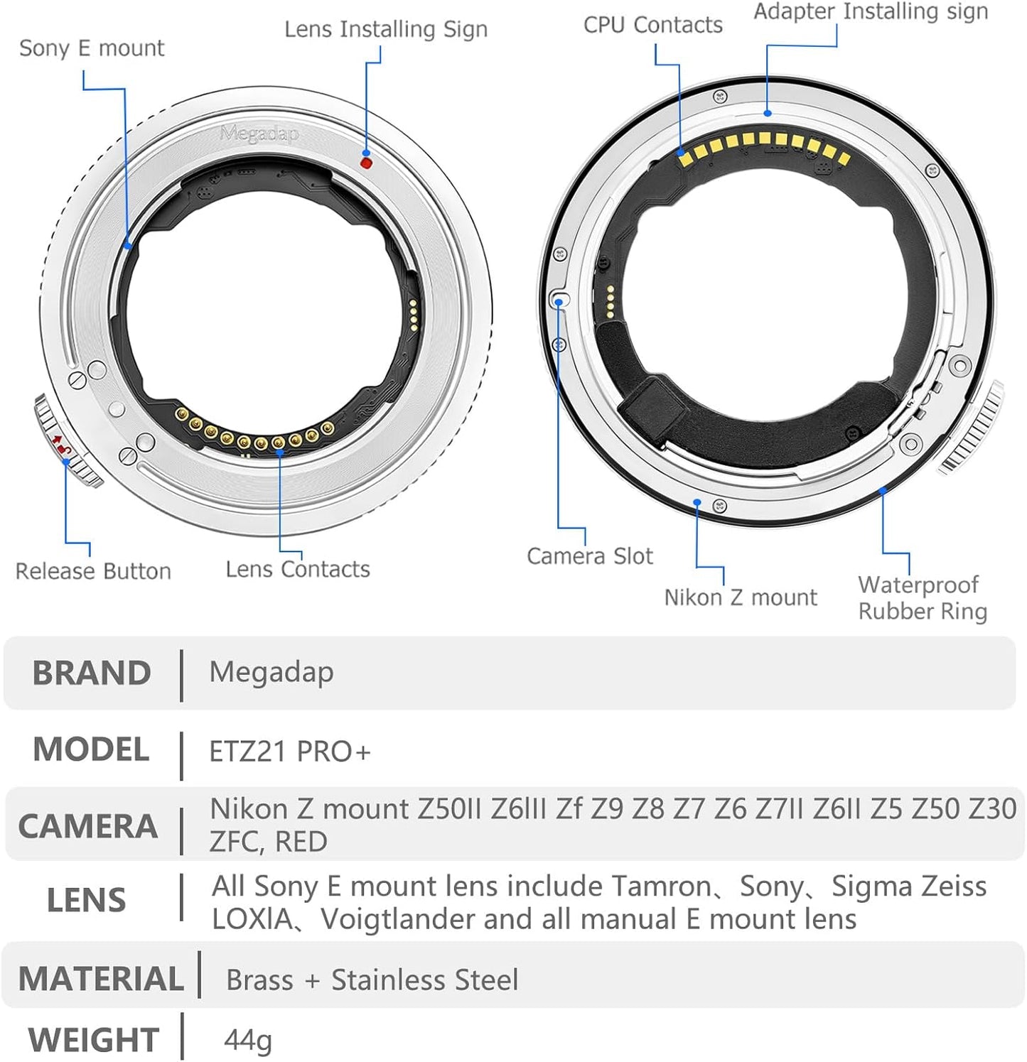 Megadap ETZ21 PRO+ Auto Focus Lens Adapter with Built-in Electronic Aperture for Nikon Z Camera Zf Z9 Z8 Z7 Z6 Z7II Z6II Z5 Z50 ZFC Sony FE Sigma Tamron FE Series Lens (ETZ21 PRO+)