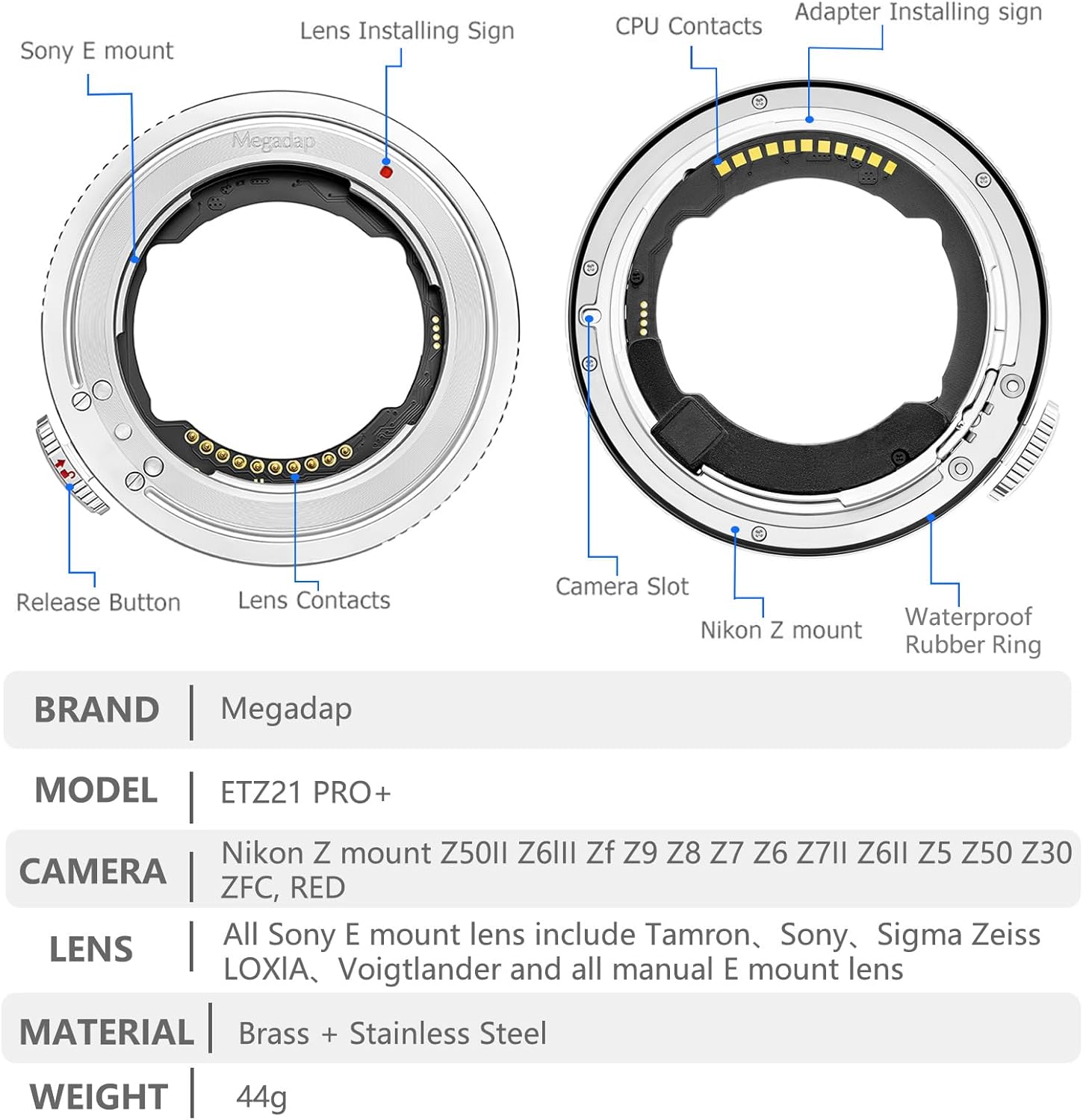 Megadap ETZ21 PRO+ Auto Focus Lens Adapter with Built-in Electronic Aperture for Nikon Z Camera Zf Z9 Z8 Z7 Z6 Z7II Z6II Z5 Z50 ZFC Sony FE Sigma Tamron FE Series Lens (ETZ21 PRO+)