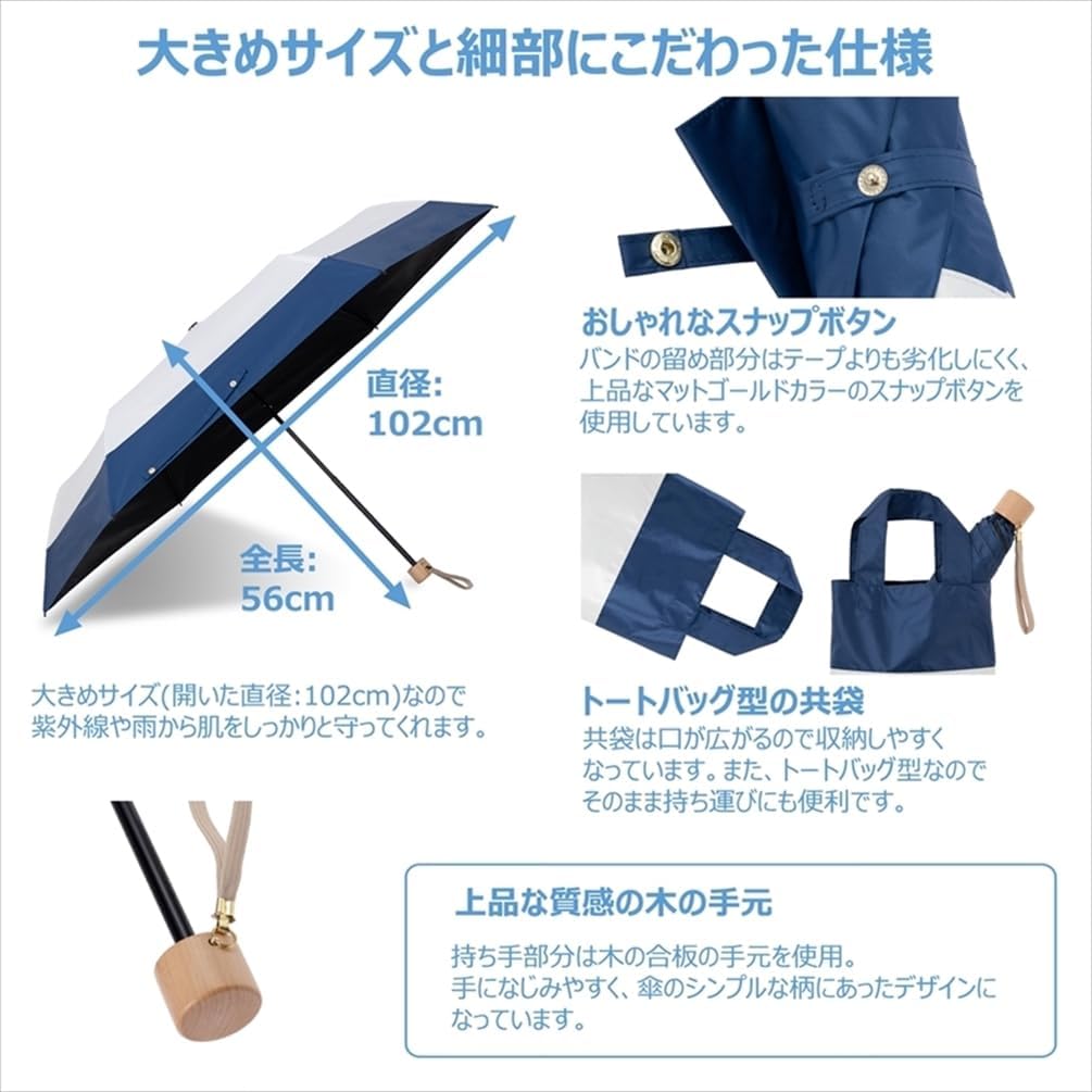 (Ogawa) Cynthia 54617 Ogawa Parasol Folding Umbrella, Women's Umbrella, Off White, Navy, Completely Light Blocking, UV 99.9% Protection, Heat Repellent, Durable, Windproof, Rain or Shine, Simple,