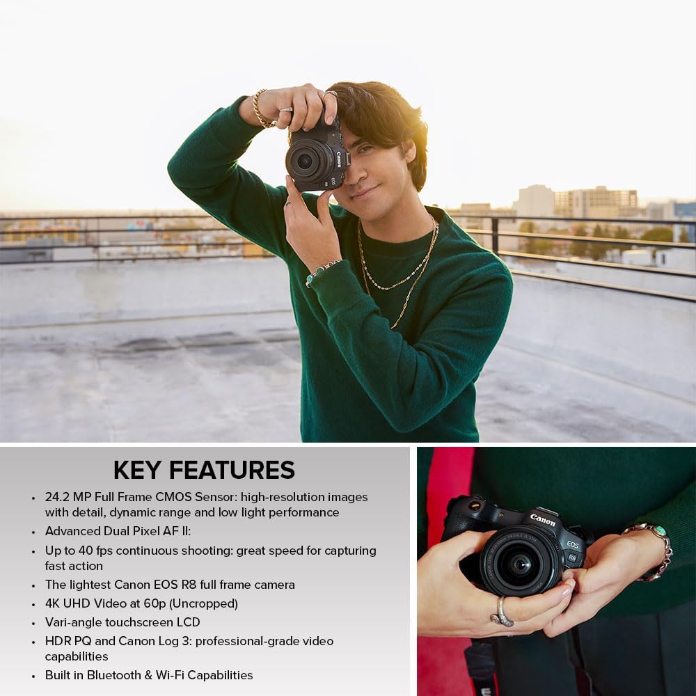 Canon EOS R8 Mirrorless Camera RF24-50mm F4.5-6.3 is STM Lens Kit Full Frame Hybrid Camera 24.2 Megapixel CMOS Image Sensor 4K Video Content Creator Vlog Camera Black