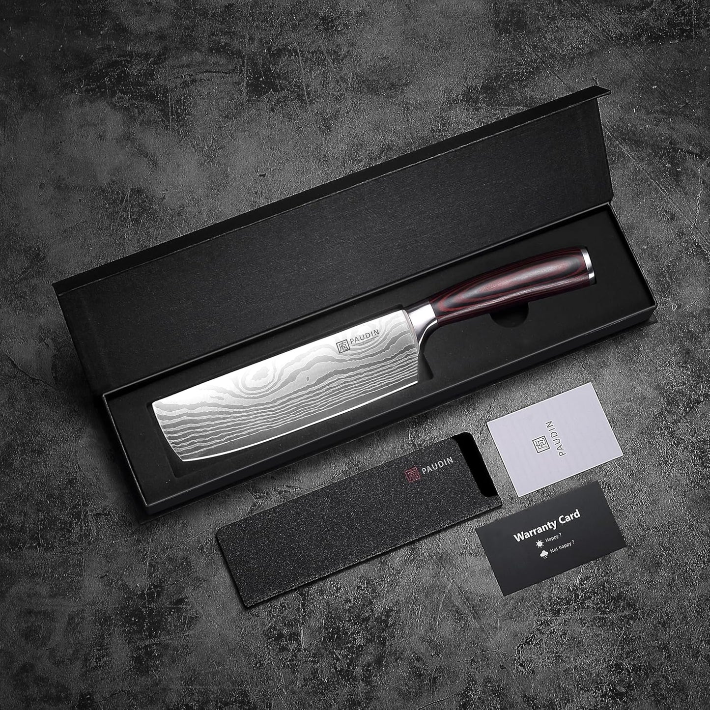 PAUDIN (PAUDIN) Vegetable Cutting Knife 6.5 inches with Sheath, Cuts Hard Vegetables, Sharp Knife, Meat Cutting, Vegetable Knife, Damascus Pattern, Double Edge, Left-Handed Compatible, High Carbon