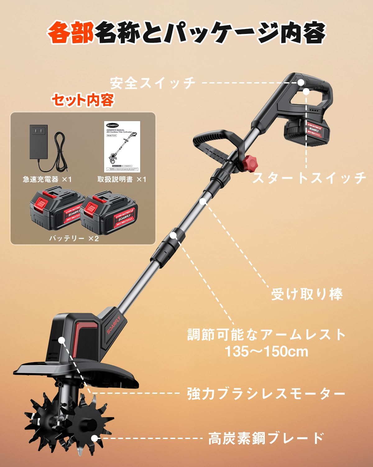 SOARFLY 2025 Innovative Powerful Electric Tiller, Lightweight, Easy Operation, High Performance, Cordless, Rechargeable Tiller, Stepless Speed Variation, 2 Batteries Included, Mini Tiller, High