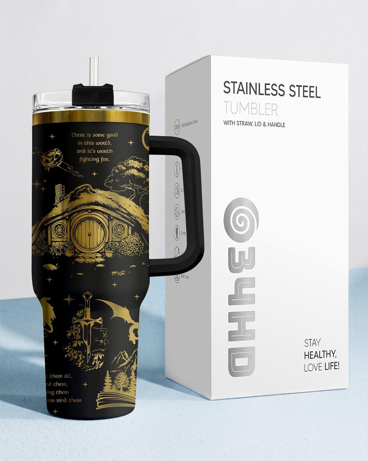 34HD Lord Fantasy Adventure - Vaso de café con aislamiento de acero inoxidable de 40 onzas, taza de viaje con asa y tapa para pajilla, segunda taza de café, regalos para amantes de los libros