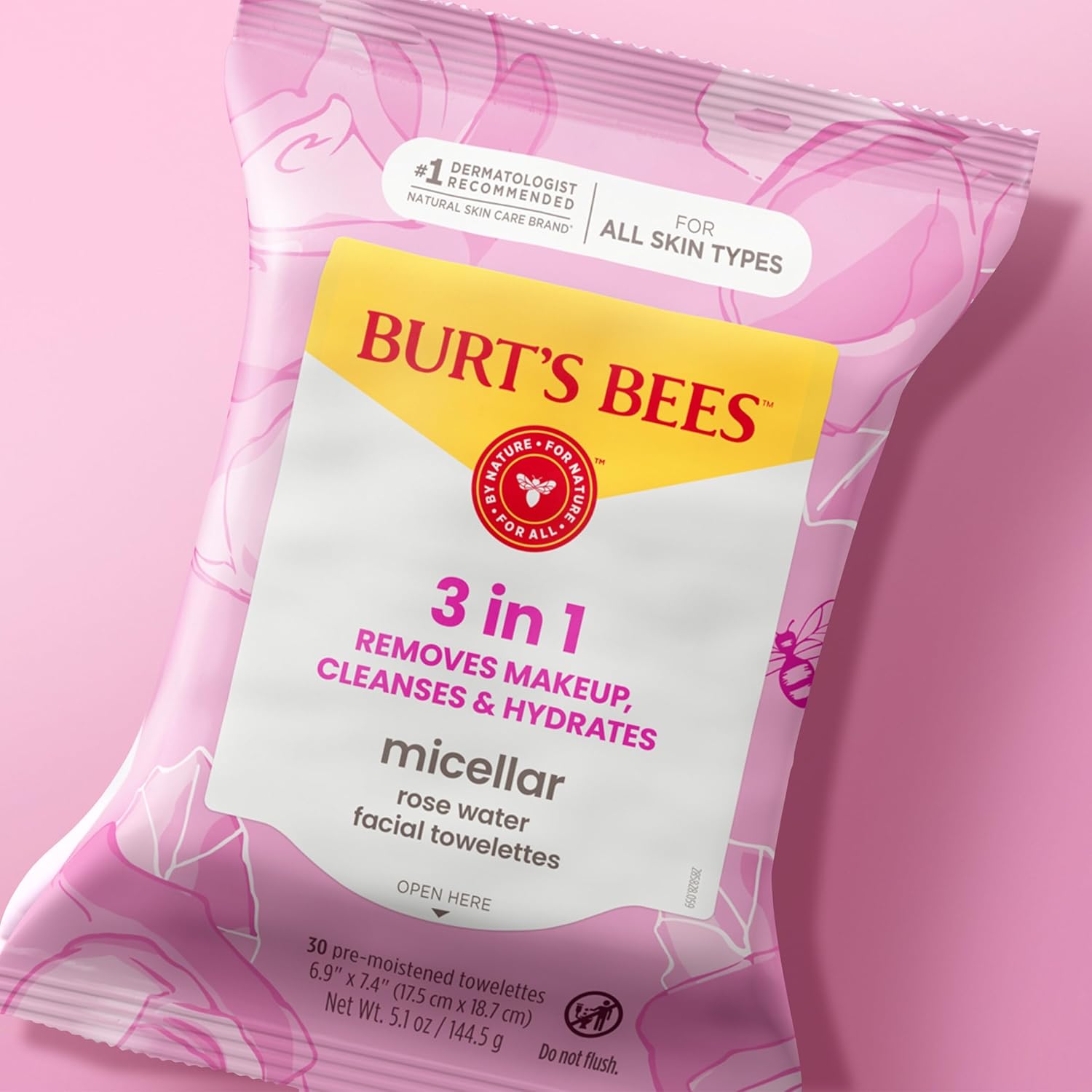 Burts Bees - Toallas faciales micelar de agua de rosas, 100% tela a base de plantas; 99% origen natural; quita el maquillaje, limpia, hidrata; sin residuos grasos y grasos; todo tipo de piel; 30 unidades, paquete de 3 (paquete puede variar)