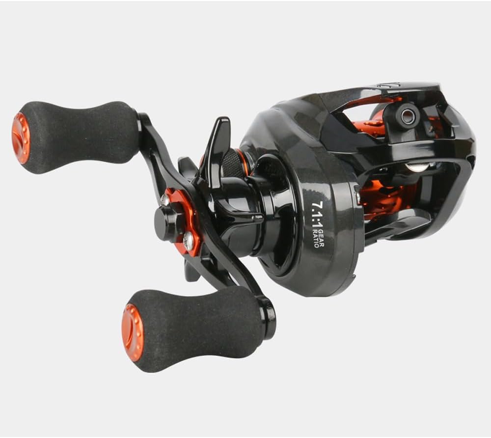 yu409 Bait Reel, Lightweight, Carbon Body, 7.1:1, High Speed Gear Ratio, Fishing Reel, 10 Levels Magnetic Brake, CNC Spool, Smooth Rotation, Black and Orange, For Lure Fishing, Sea Bass