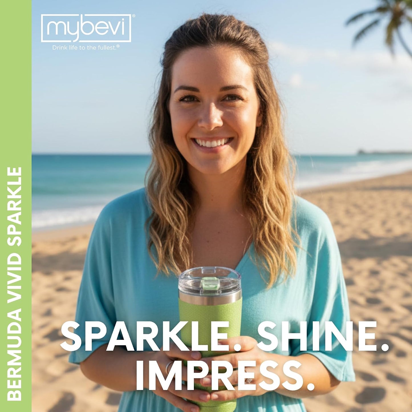 MyBevi Bermuda Vivid Sparkle - Vaso de acero inoxidable aislado con tapa, doble pared sellada al vacío, taza de viaje apta para soportes de automóvil, 20 onzas, verde menta