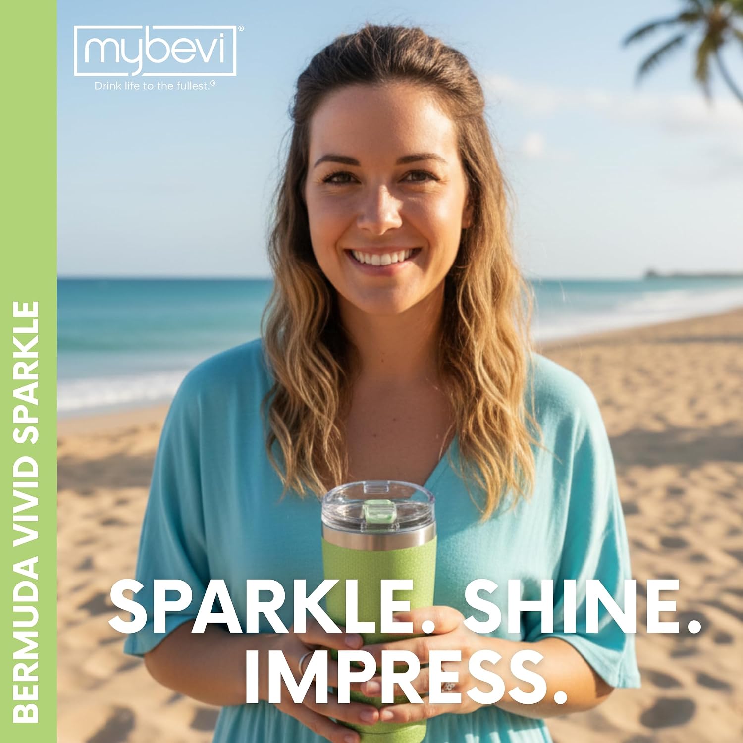 MyBevi Bermuda Vivid Sparkle - Vaso de acero inoxidable aislado con tapa, doble pared sellada al vacío, taza de viaje apta para soportes de automóvil, 20 onzas, verde menta