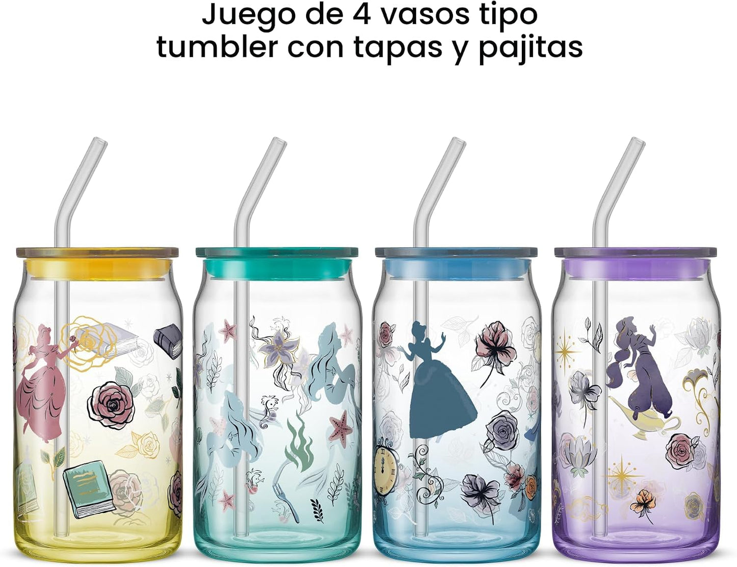 JoyJolt Tazas de vidrio con íconos de princesas Disney con tapas y popotes, tazas de vidrio de 16 oz con tapas y popotes con las princesas Jasmine, Ariel, Cenicienta y Bella, 4 piezas de vasos con