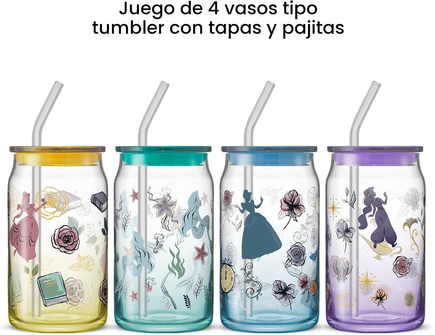 JoyJolt Tazas de vidrio con íconos de princesas Disney con tapas y popotes, tazas de vidrio de 16 oz con tapas y popotes con las princesas Jasmine, Ariel, Cenicienta y Bella, 4 piezas de vasos con