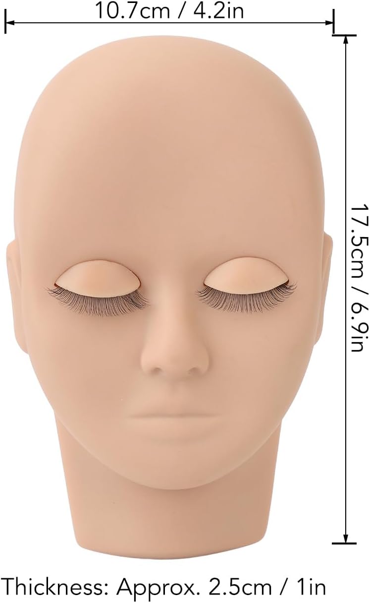 3D Simulated Face Double Eyelashes, Rubber and Silicone, Lash Mannequin Head, Beginner Eyelash Extensions, Reusable, Make Up, Facial, Massage, Acupuncture, 6.9 x 4.25 Inches (Light Brown)