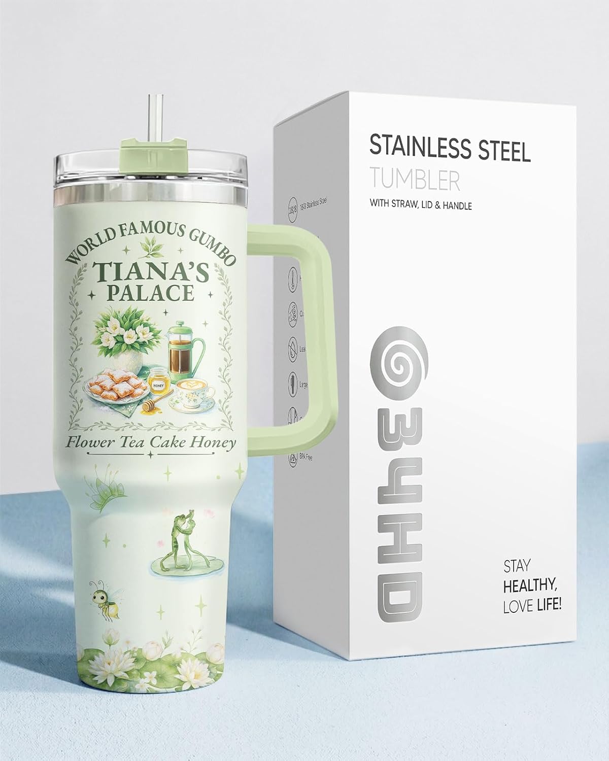 34HD Vaso de princesa rana de 40 onzas, taza de viaje aislada de acero inoxidable con asa y tapa con pajilla, regalo de cumpleaños, taza de películas de princesa de cuento de hadas para mujer