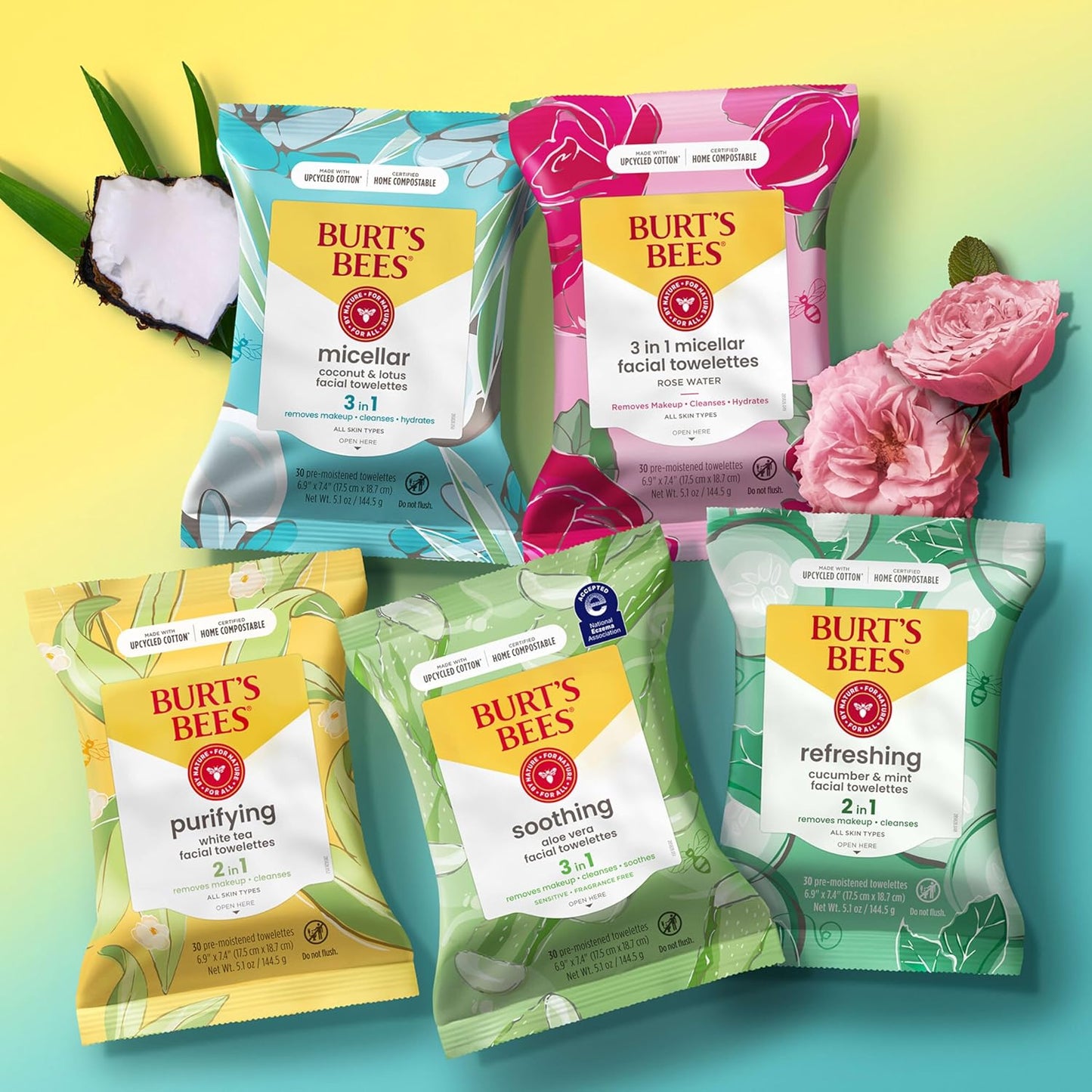 Burt's Bees Rellenos para calcetines, Toallitas faciales de pepino y menta, para todo tipo de piel, Toallitas refrescantes para remover maquillaje y limpieza facial, Regalos de cuidado de la piel para