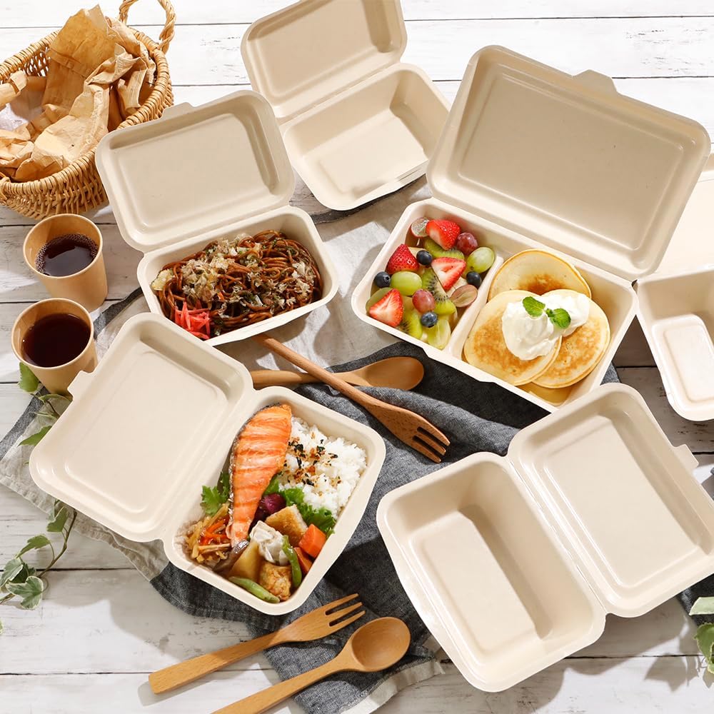 ECO&BASIC Reusable Lunch Box, Disposable, 450ml, Laminated, 50-Pack, Microwave Safe, Takeout, Bagasse, Unbleached, Rice-Resistant, Water & Oil Resistant, Eco-Friendly, Plant-Based, Commercial Use