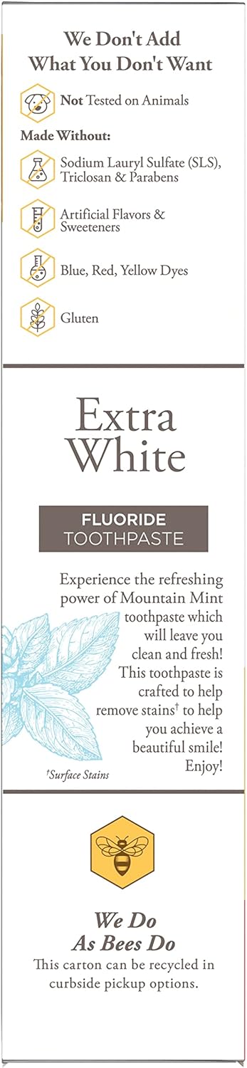 Pasta de dientes Burt's Bees Extra White, pasta de dientes con flúor, sabor natural, menta de montaña, 4.7 oz, paquete de 3