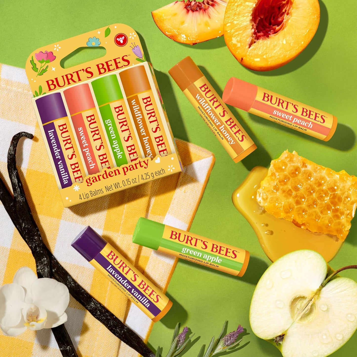 Burt's Bees Gifts Ideas - Juego de bálsamo labial para fiesta de jardín, vainilla lavanda, melocotón dulce, manzana verde, miel de flores silvestres, con cera de abejas de origen responsable, tratamiento labial de origen natural, 0.15 onzas, cuatro tubos