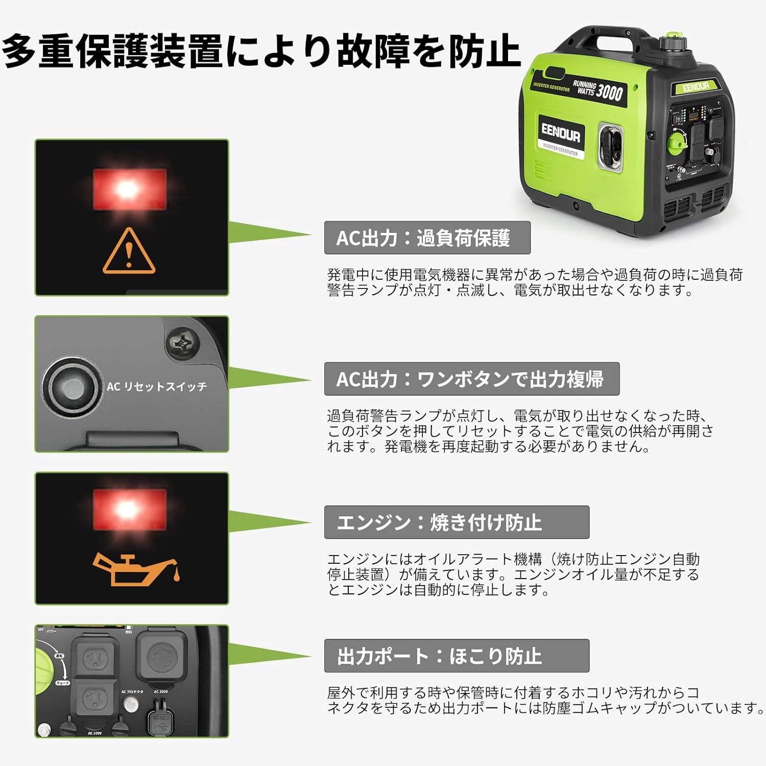 EENOUR DK3000iS Inverter Generator, Rated Output, 3.0 kVA, Recommended for Disaster Prevention, Sine Wave, Soundproof, High Output, Lightweight, Quiet, Household Gasoline Generator, Portable