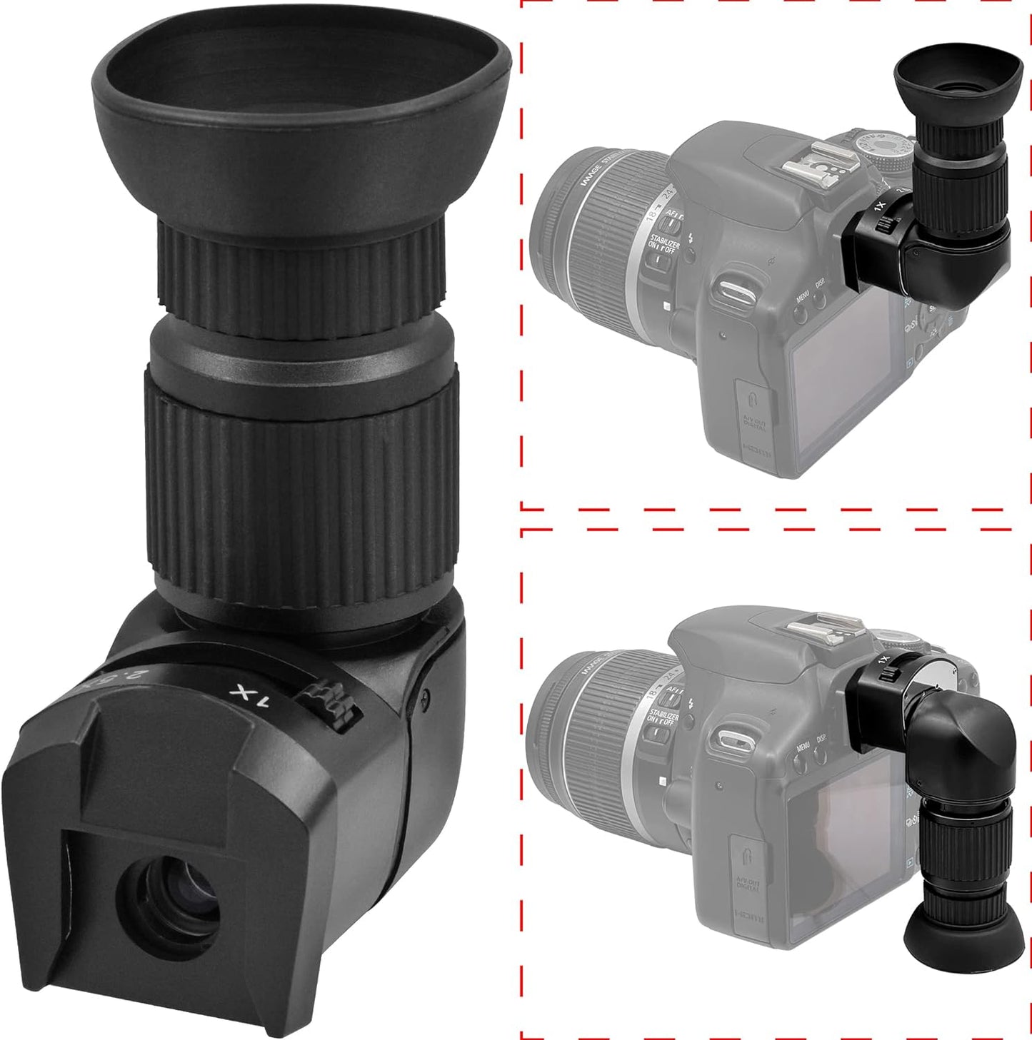 Tydeux Right Angle Viewfinder - 360° Rotation and 1X / 2.5x Magnification Camera Viewfinder with 6 Mount Adapters for Canon Nikon Pentax, Minolta, Dynax, Samsung and More