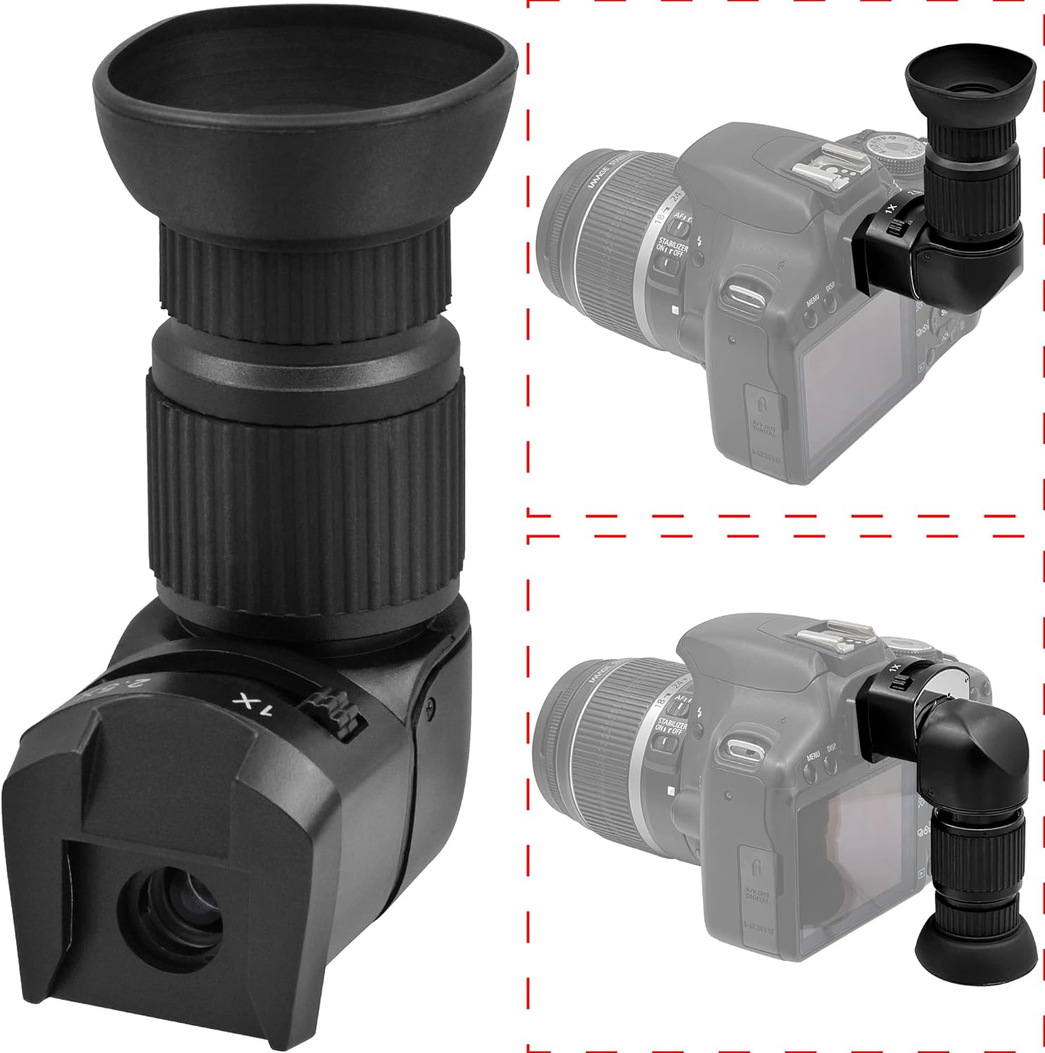 Tydeux Right Angle Viewfinder - 360° Rotation and 1X / 2.5x Magnification Camera Viewfinder with 6 Mount Adapters for Canon Nikon Pentax, Minolta, Dynax, Samsung and More