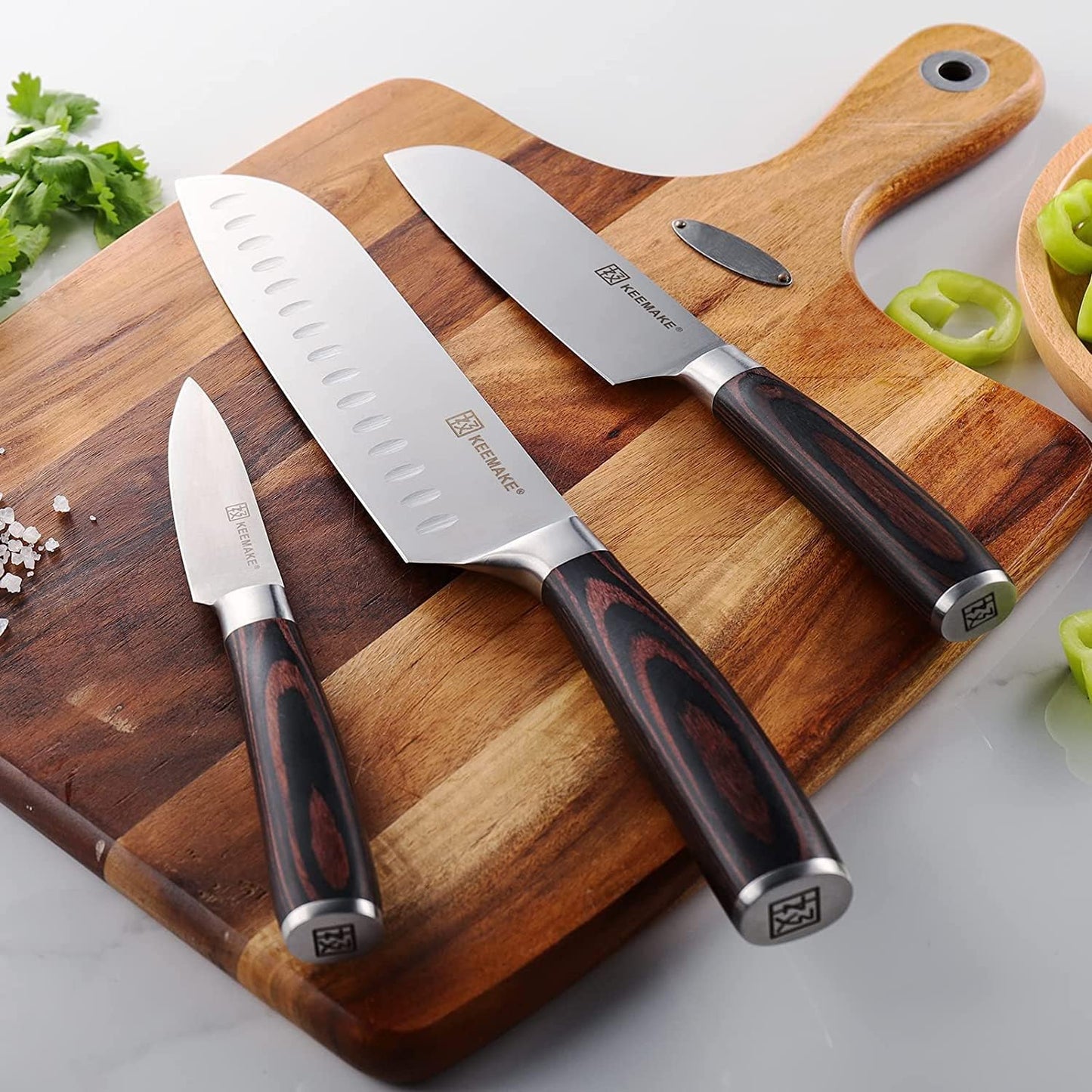 KEEMAKE Santoku Knife, Stainless Steel, 7.1 inches (180 mm), All-Purpose Knife, Multi-functional, Wooden Handle, Bread Knife, Carving Knife, Vegetable Cut, Fish, Cooking, Rust-Resistant, Gift (7.1