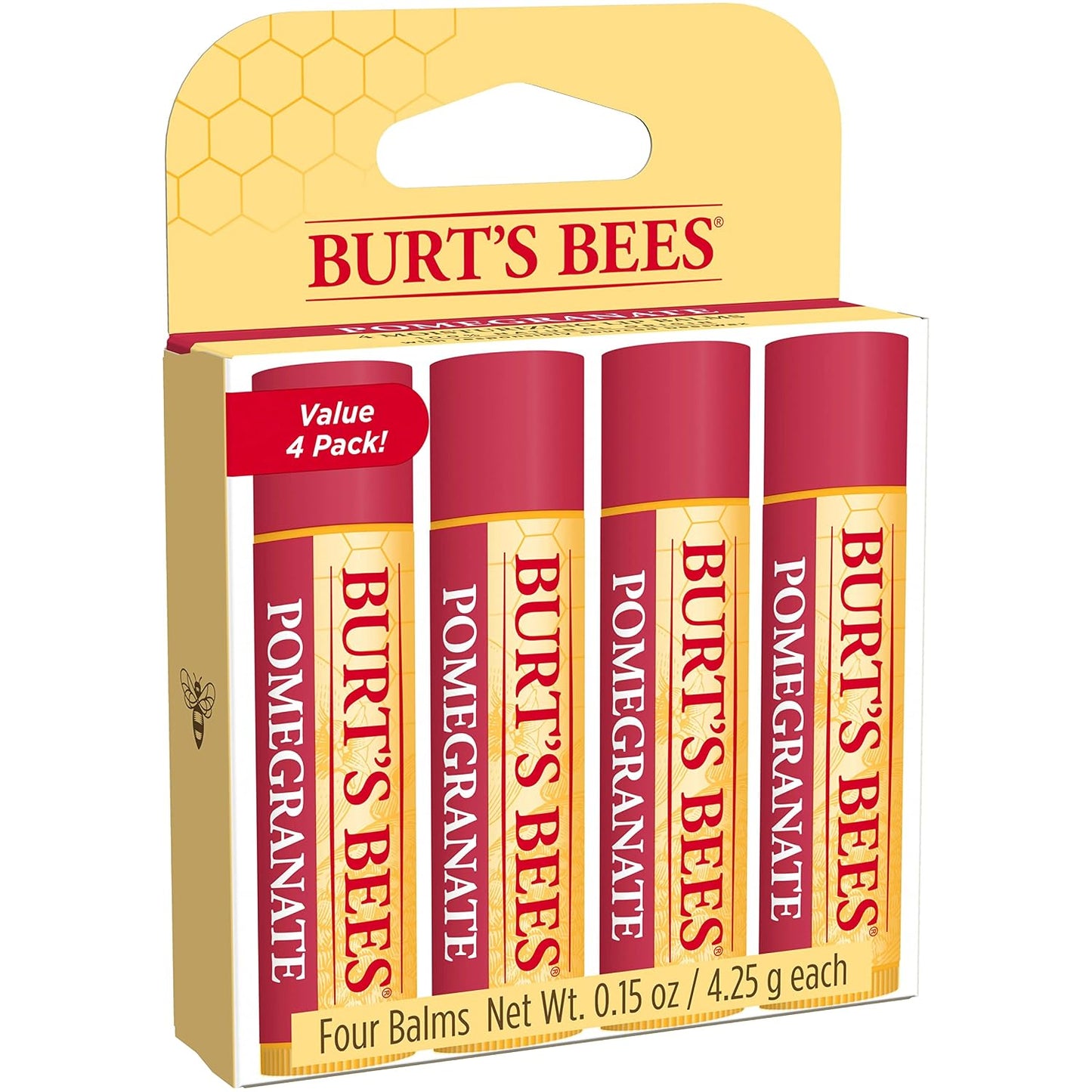 Burt's Bees - Bálsamo labial, protector labial hidratante, para hidratación durante todo el día, 100 % natural, granada con cera de abeja y extractos de frutas (paquete de 4)